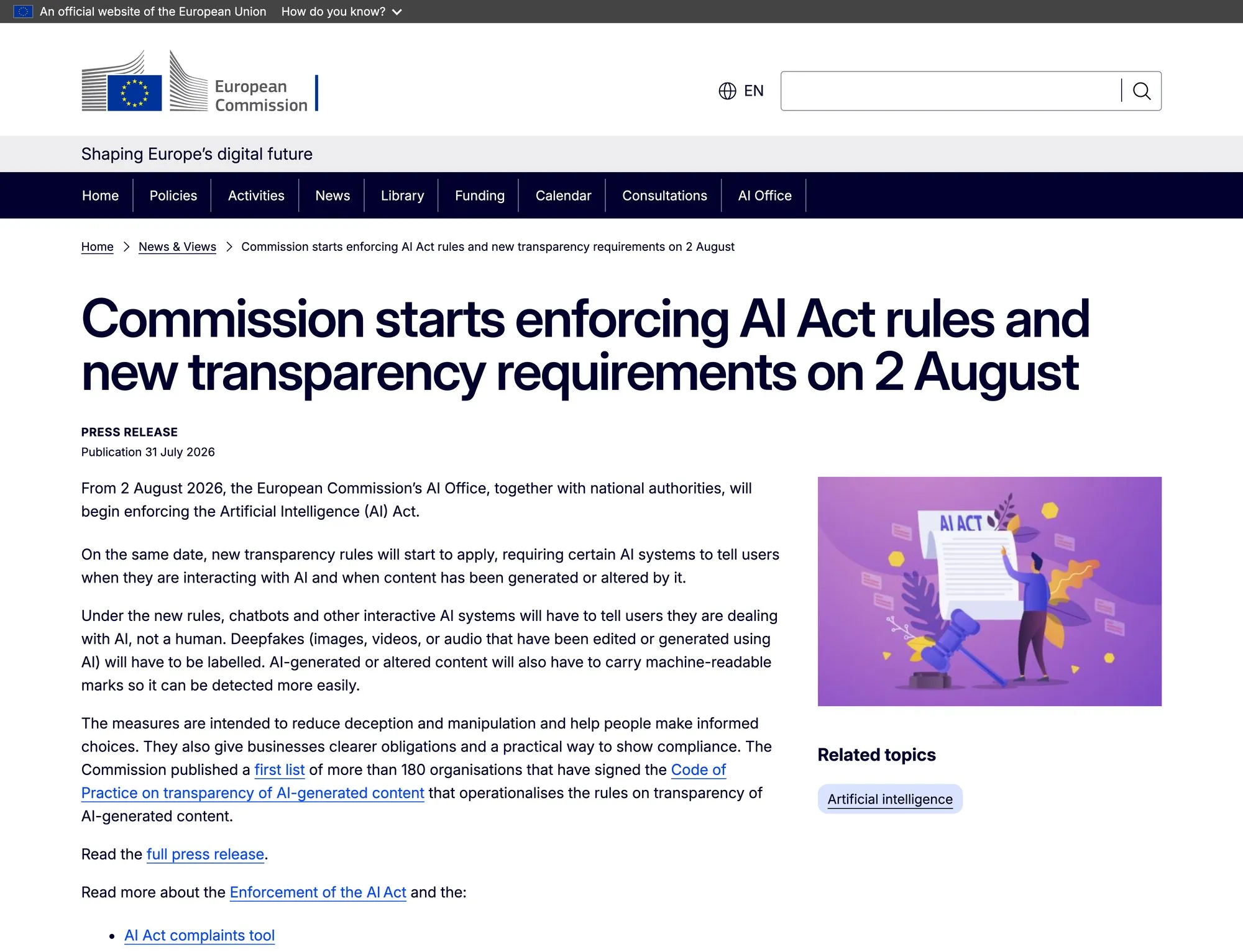 Screenshot of the European Commission press release headlined 'Commission starts enforcing AI Act rules and new transparency requirements on 2 August', dated 31 July 2026.