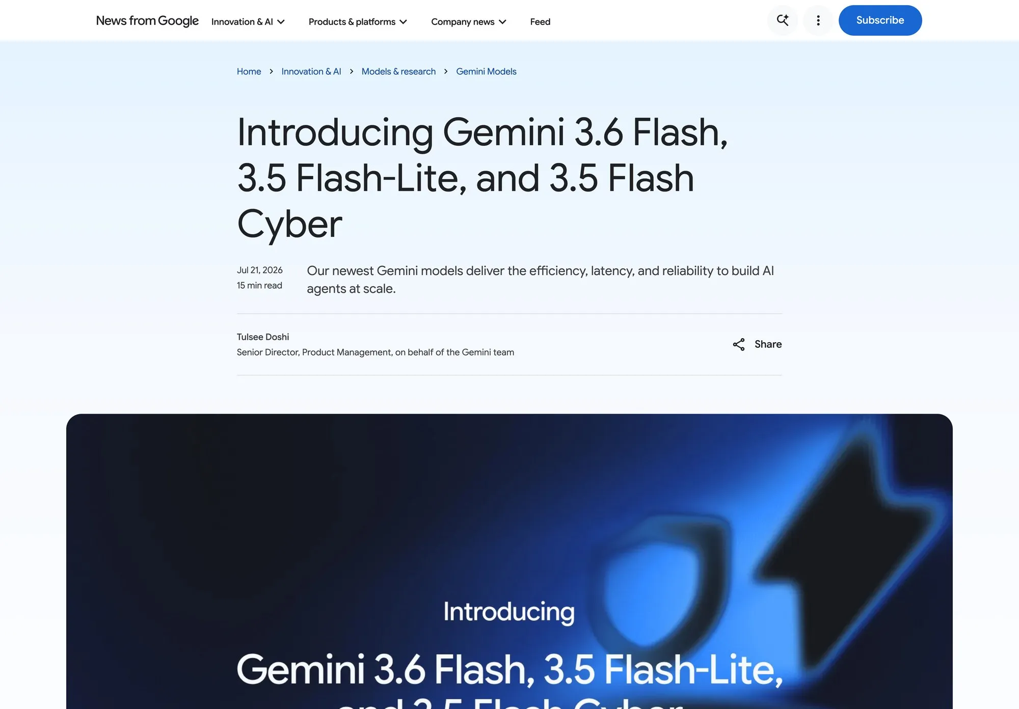 Google's announcement page, headlined 'Introducing Gemini 3.6 Flash, 3.5 Flash-Lite, and 3.5 Flash Cyber', dated 21 July 2026.